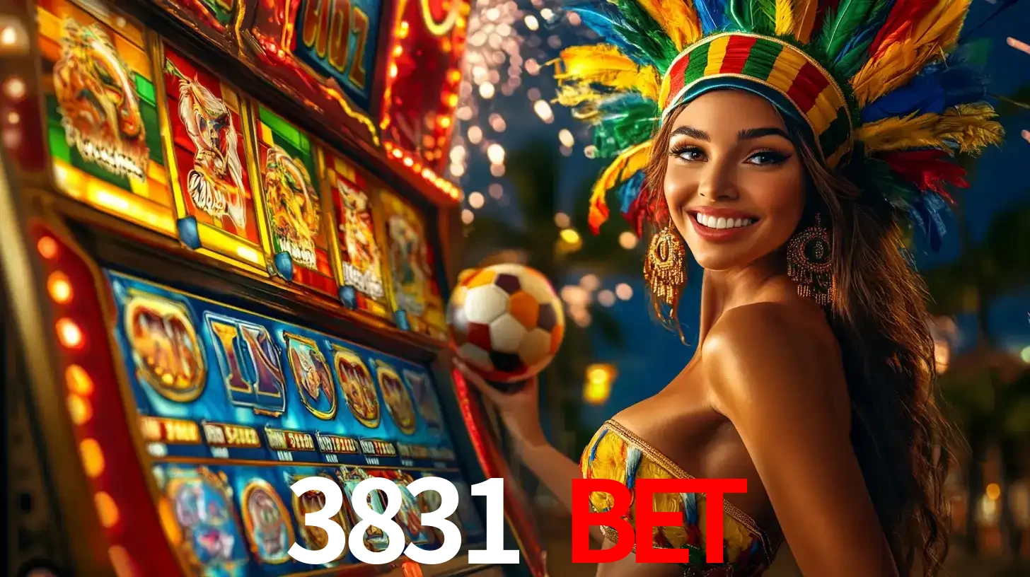 Mulher com um cocar de carnaval ao lado de uma máquina de caça-níqueis enquanto segura uma bola de futebol, mostrando a união da diversão de cassino e esportes no 3831 BET.