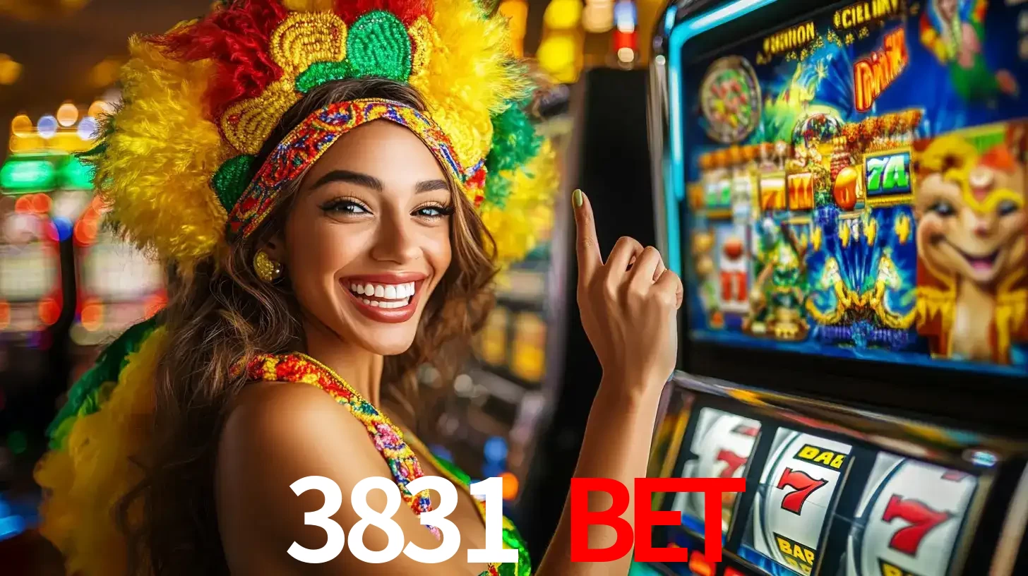 Mulher animada com um cocar de carnaval apontando para uma máquina de caça-níqueis, mostrando a emoção de ganhar um grande prêmio nos jogos do 3831 BET.