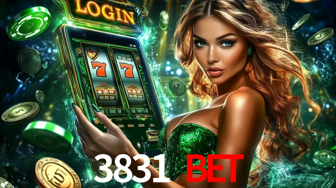Mulher com tema verde apresentando o aplicativo do cassino 3831 BET com um jogo de slot de 777, cercada por fichas de cassino e uma aura de sorte.