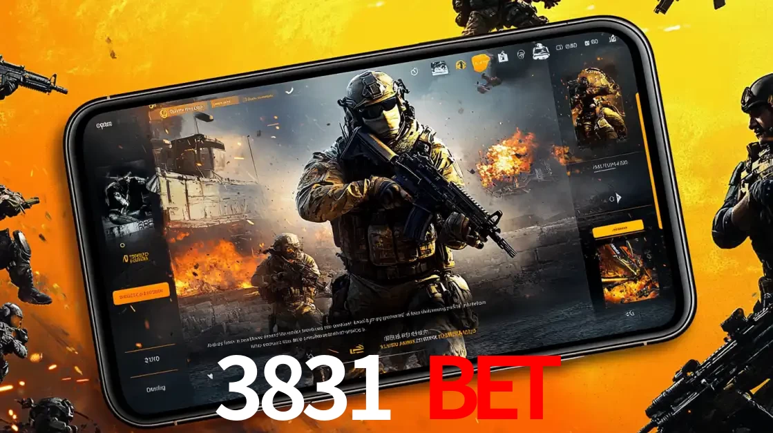 Um smartphone exibindo a interface de um jogo de tiro em primeira pessoa, com um soldado em um cenário de batalha, representando a ação dos e-sports para apostar no 3831 BET.