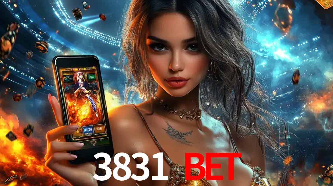 Mulher segurando um celular com um jogo de slot em destaque, tendo como fundo um estádio vibrante, simbolizando a emoção de jogar no cassino móvel 3831 BET.