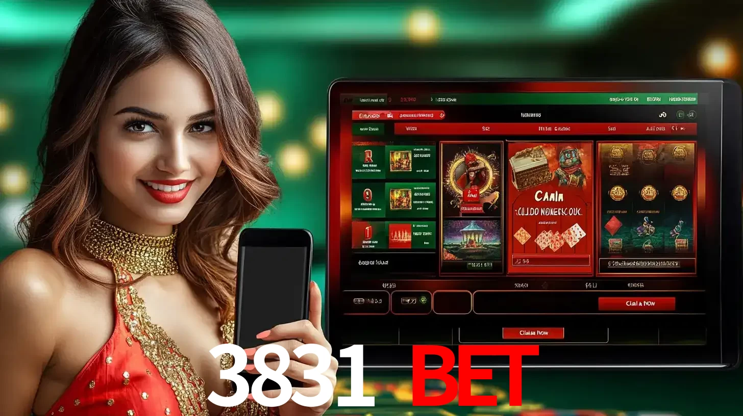 Mulher sorridente segurando um smartphone, ao lado de uma tela exibindo o lobby de jogos do cassino online 3831 BET, com várias opções de jogos de cartas e slots.